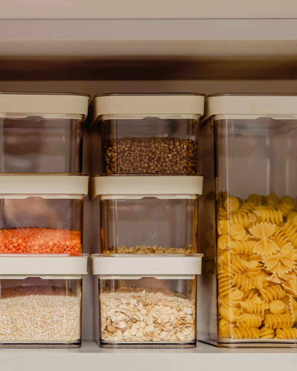 Latching plastic pantry containers holding dry food on a kitchen shelf
